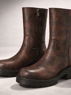 No Boundaries Brown Chunky Mid-Calf Heeled Boots